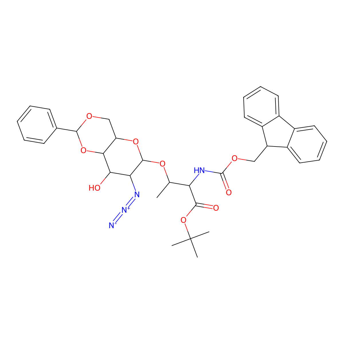 tert-Butyl (2S,3R)-3-(((4aS,6S,7S,8R,8aR)-7-azido-8-hydroxy-2-phenylhexahydro-2H-pyrano(3,2-d)(1,3)dioxin-6-yl)oxy)-2-((((9H-fluoren-9-yl)methoxy)carbonyl)amino)butanoate molecular structure, CAS 195976-07-9