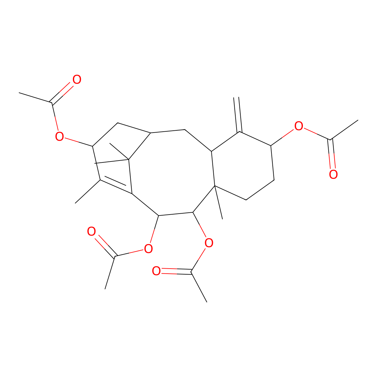 6,10-Methanobenzocyclodecene-3,8,11,12-tetrol, 1,2,3,4,4a,5,6,7,8,11,12,12a-dodecahydro-9,12a,13,13-tetramethyl-4-methylene-, 3,8,11,12-tetraacetate, (3S,4aR,6R,8S,11R,12R,12aR)- molecular structure, CAS 19605-80-2