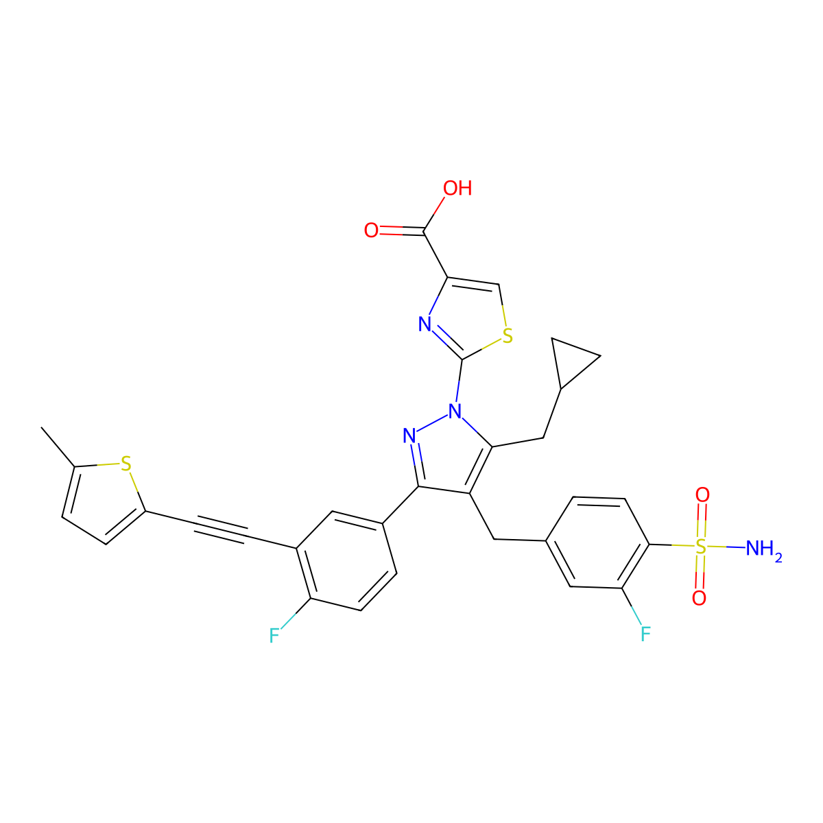 2-[5-(Cyclopropylmethyl)-3-[4-fluoro-3-[2-(5-methylthiophen-2-yl)ethynyl]phenyl]-4-[(3-fluoro-4-sulfamoylphenyl)methyl]pyrazol-1-yl]-1,3-thiazole-4-carboxylic acid molecular structure, CAS 1964516-64-0