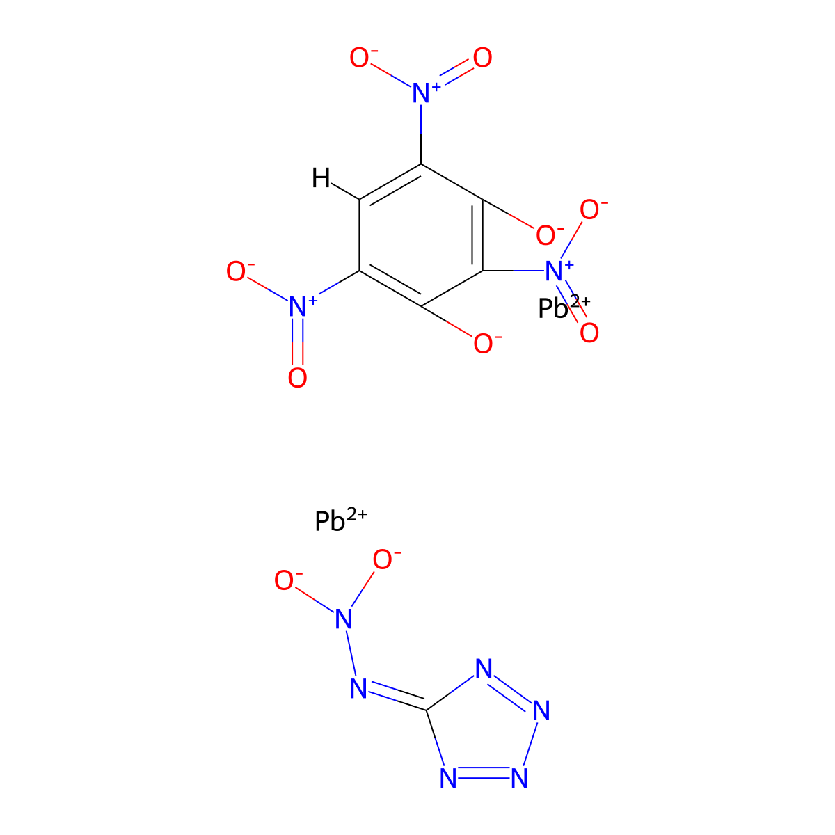 Lead, (N-nitro-1H-tetrazol-5-aminato)[2,4,6-trinitro-1,3-benzenediolato(2-)]di- molecular structure, CAS 19651-80-0