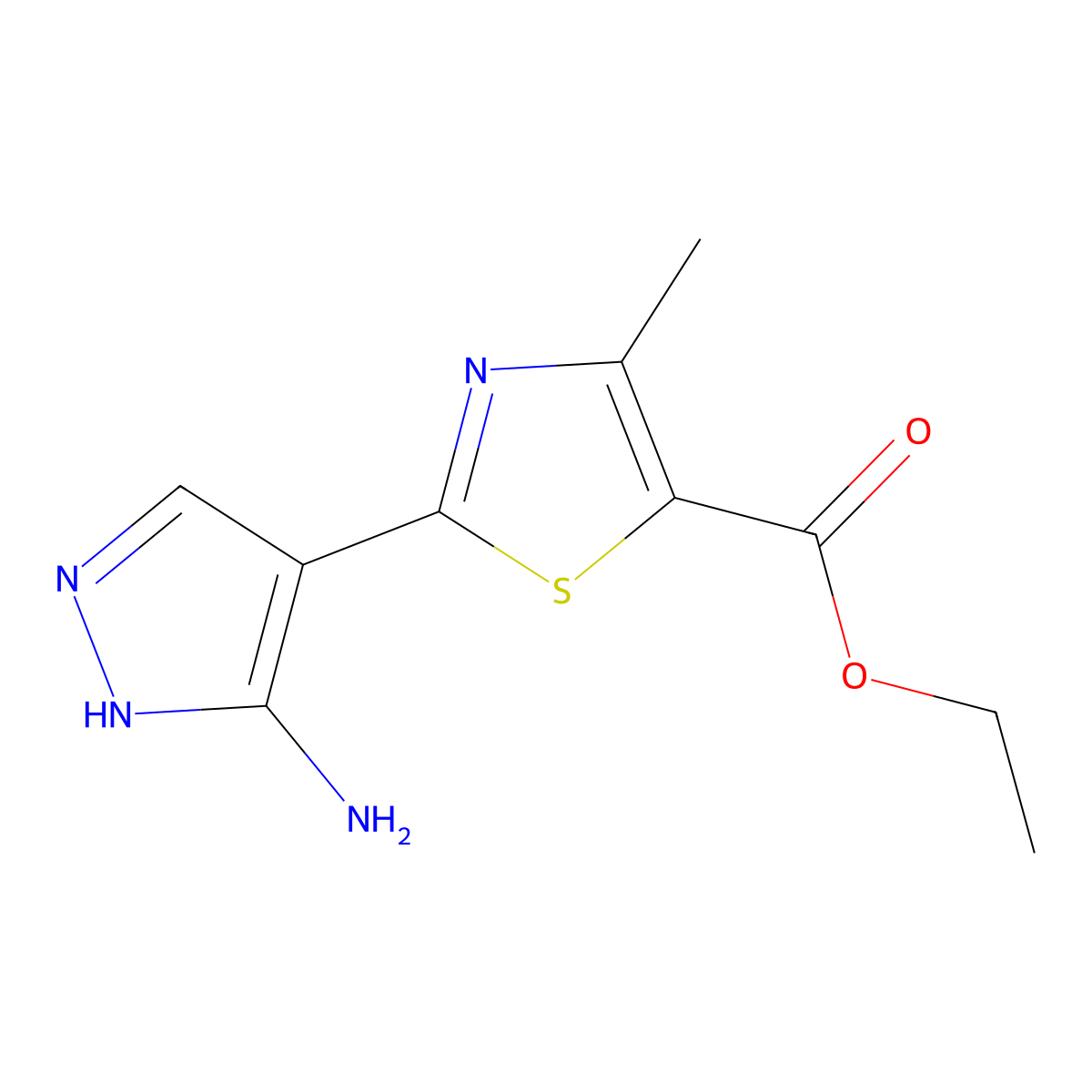 Ethyl 2-(3-aminopyrazol-4-yl)-4-methylthiazole-5-carboxylate molecular structure, CAS 1965304-76-0