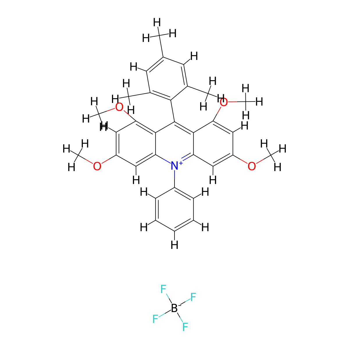 9-Mesityl-1,3,6,8-tetramethoxy-10-phenylacridin-10-ium tetrafluoroborate molecular structure, CAS 1965330-61-3