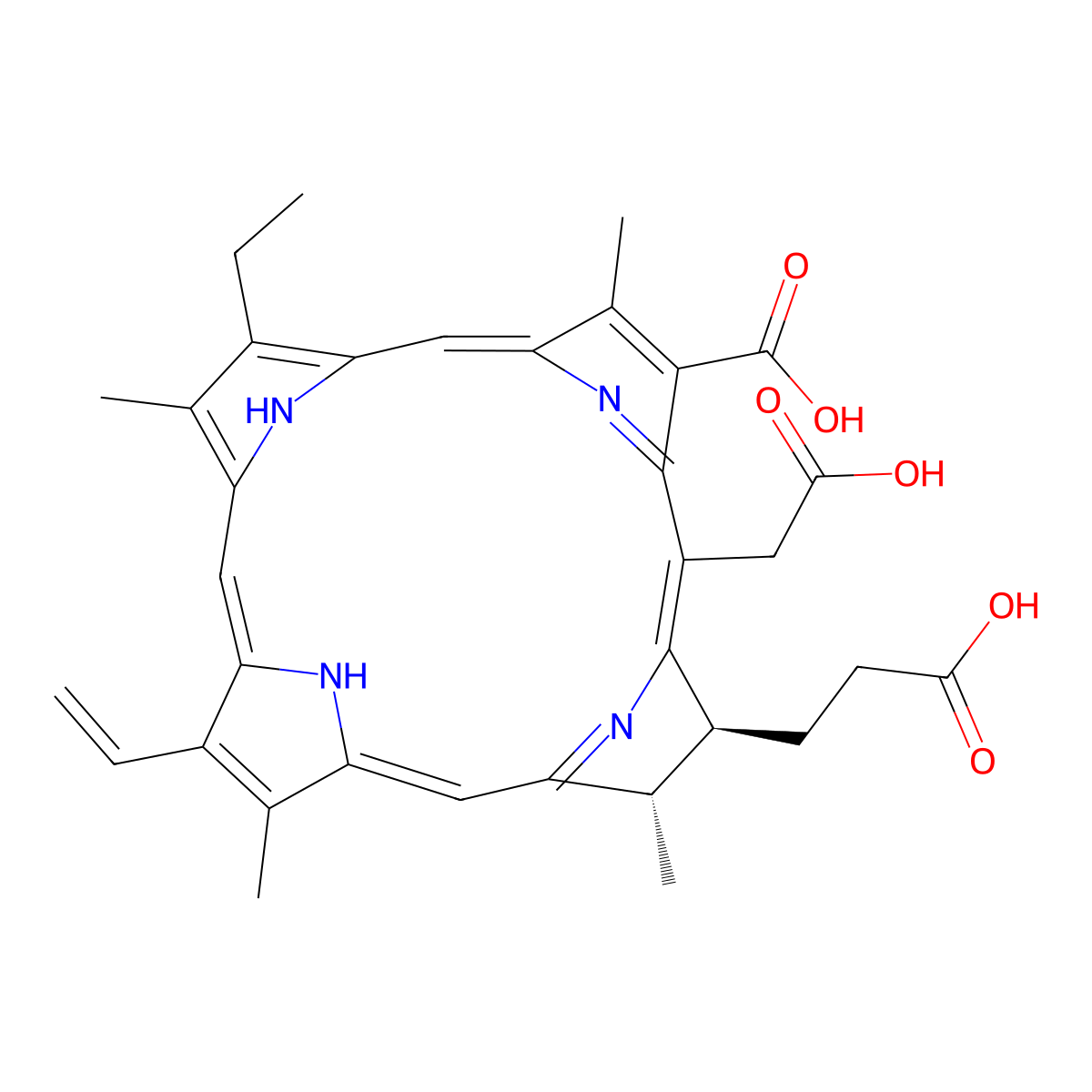 (2S-trans)-18-carboxy-20-(carboxymethyl)-13-ethyl-2,3-dihydro-3,7,12,17-tetramethyl-8-vinyl-21H,23H-porphine-2-propionic acid molecular structure, CAS 19660-77-6