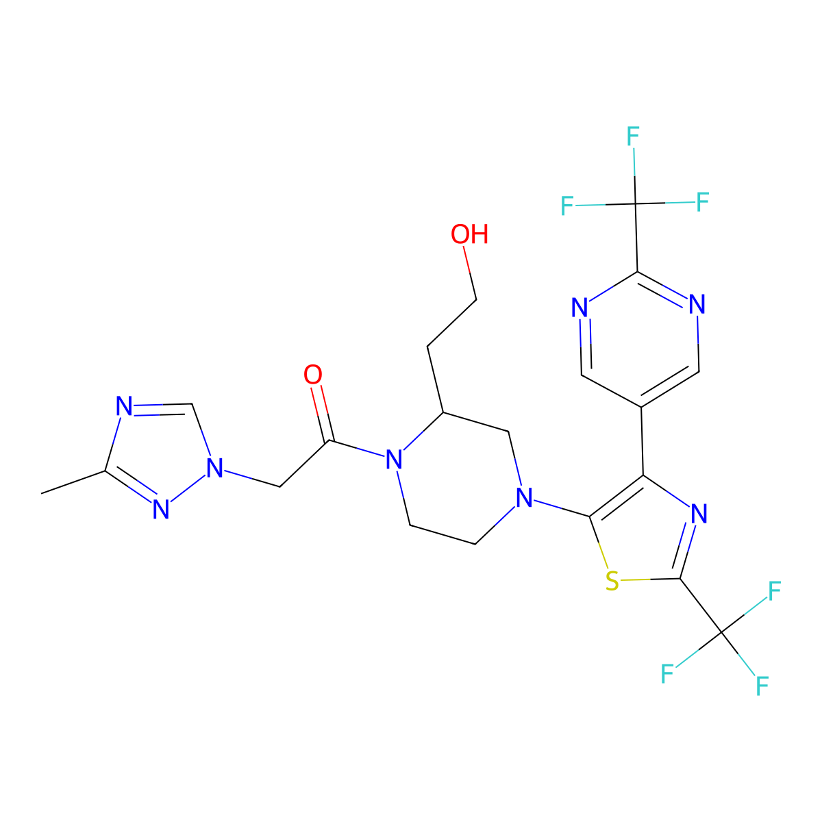(R)-1-(2-(2-Hydroxyethyl)-4-(2-(trifluoromethyl)-4-(2-(trifluoromethyl)pyrimidin-5-yl)thiazol-5-yl)piperazin-1-yl)-2-(3-methyl-1H-1,2,4-triazol-1-yl)ethan-1-one molecular structure, CAS 1967811-46-6