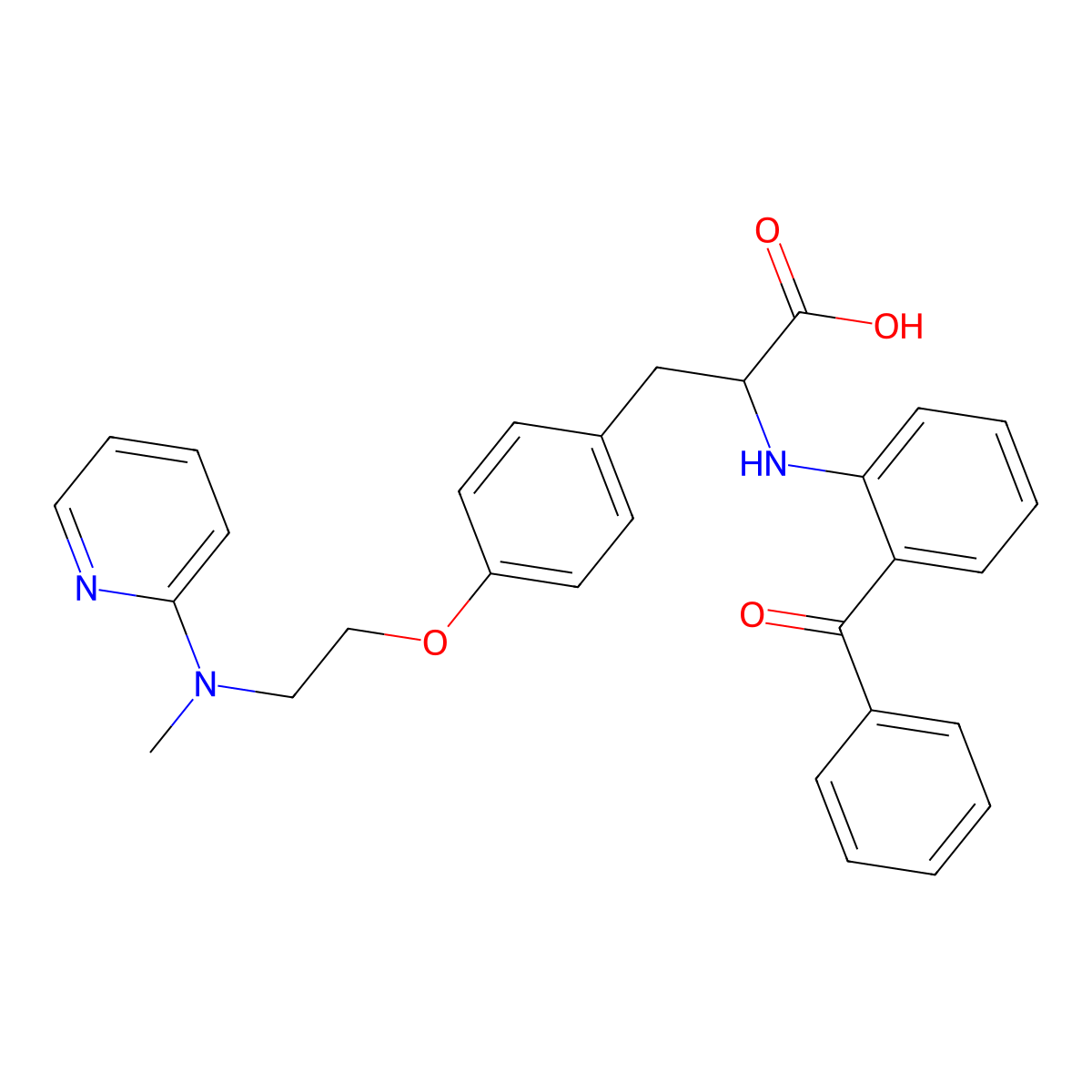 2-(2-Benzoylanilino)-3-[4-[2-[methyl(2-pyridinyl)amino]ethoxy]phenyl]propanoic acid molecular structure, CAS 196808-23-8