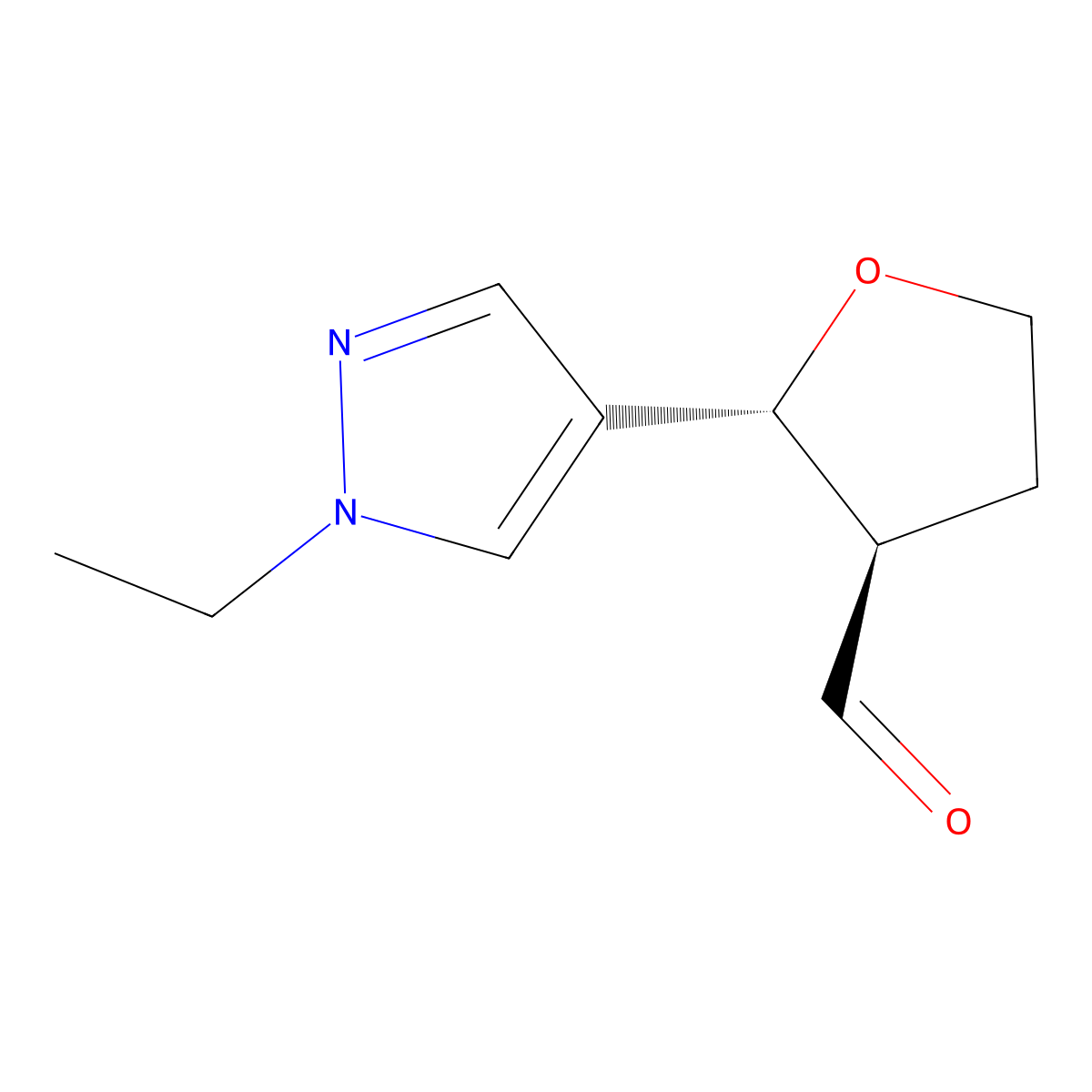 rac-(2R,3R)-2-(1-ethyl-1H-pyrazol-4-yl)oxolane-3-carbaldehyde molecular structure, CAS 1969288-09-2