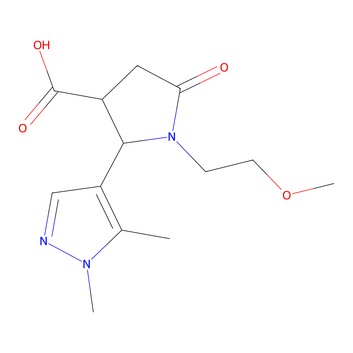 rac-(2R,3R)-2-(1,5-dimethyl-1H-pyrazol-4-yl)-1-(2-methoxyethyl)-5-oxopyrrolidine-3-carboxylic acid, trans molecular structure, CAS 1969288-26-3