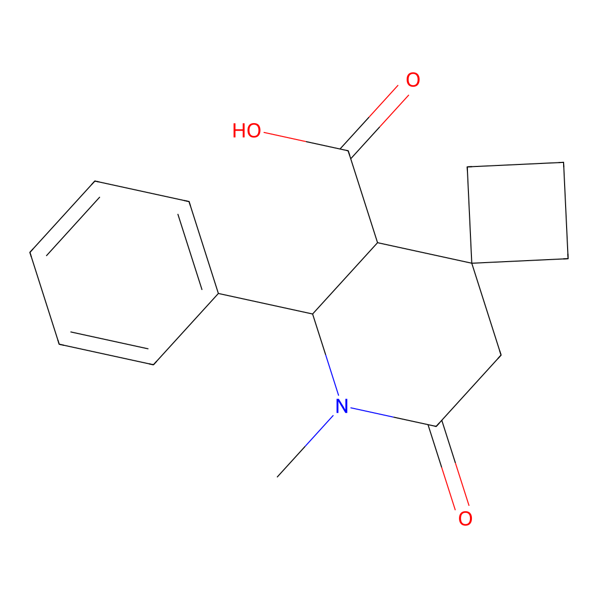 rac-(5R,6R)-7-methyl-8-oxo-6-phenyl-7-azaspiro[3.5]nonane-5-carboxylic acid, trans molecular structure, CAS 1969288-37-6