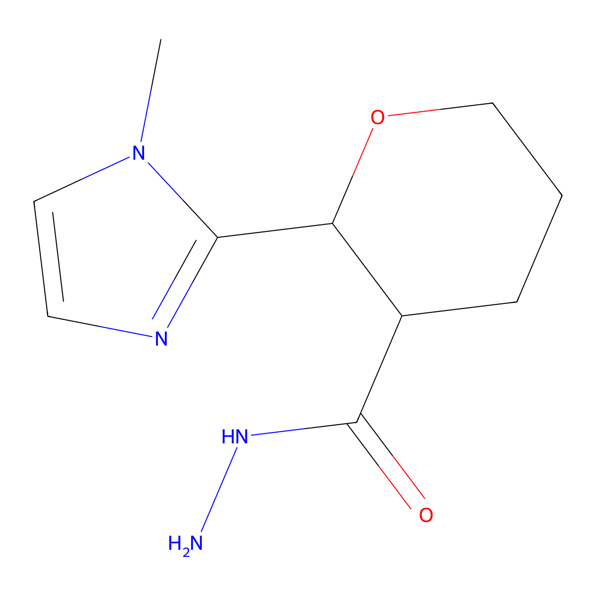 rac-(2R,3R)-2-(1-methyl-1H-imidazol-2-yl)oxane-3-carbohydrazide, trans molecular structure, CAS 1969288-52-5