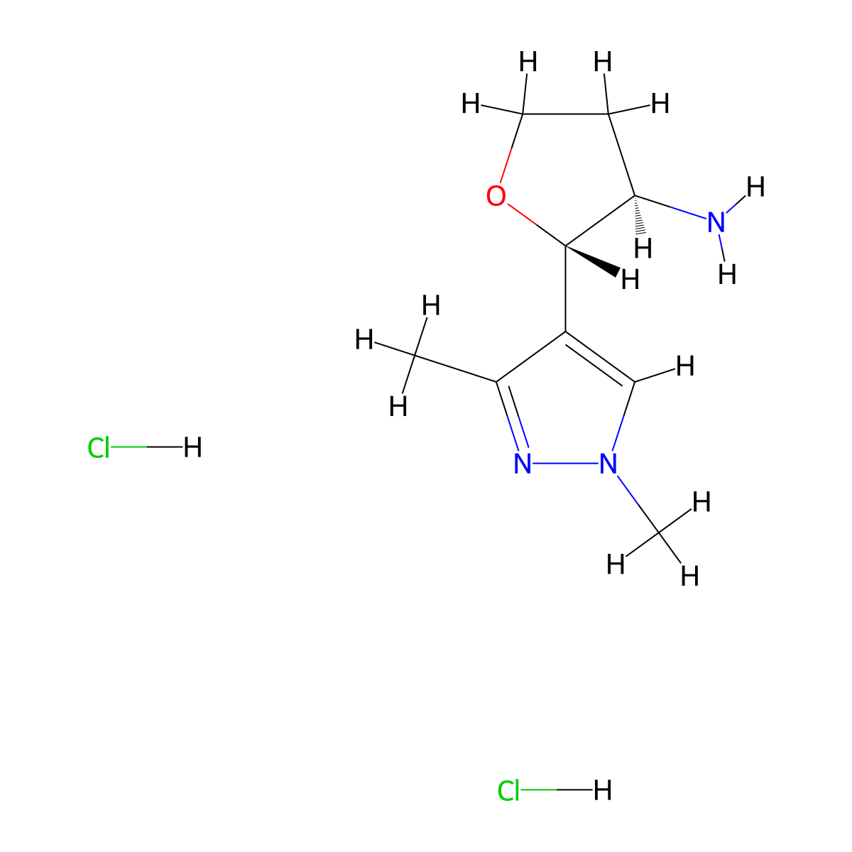 rac-(2R,3S)-2-(1,3-dimethyl-1H-pyrazol-4-yl)oxolan-3-amine dihydrochloride, trans molecular structure, CAS 1969288-54-7