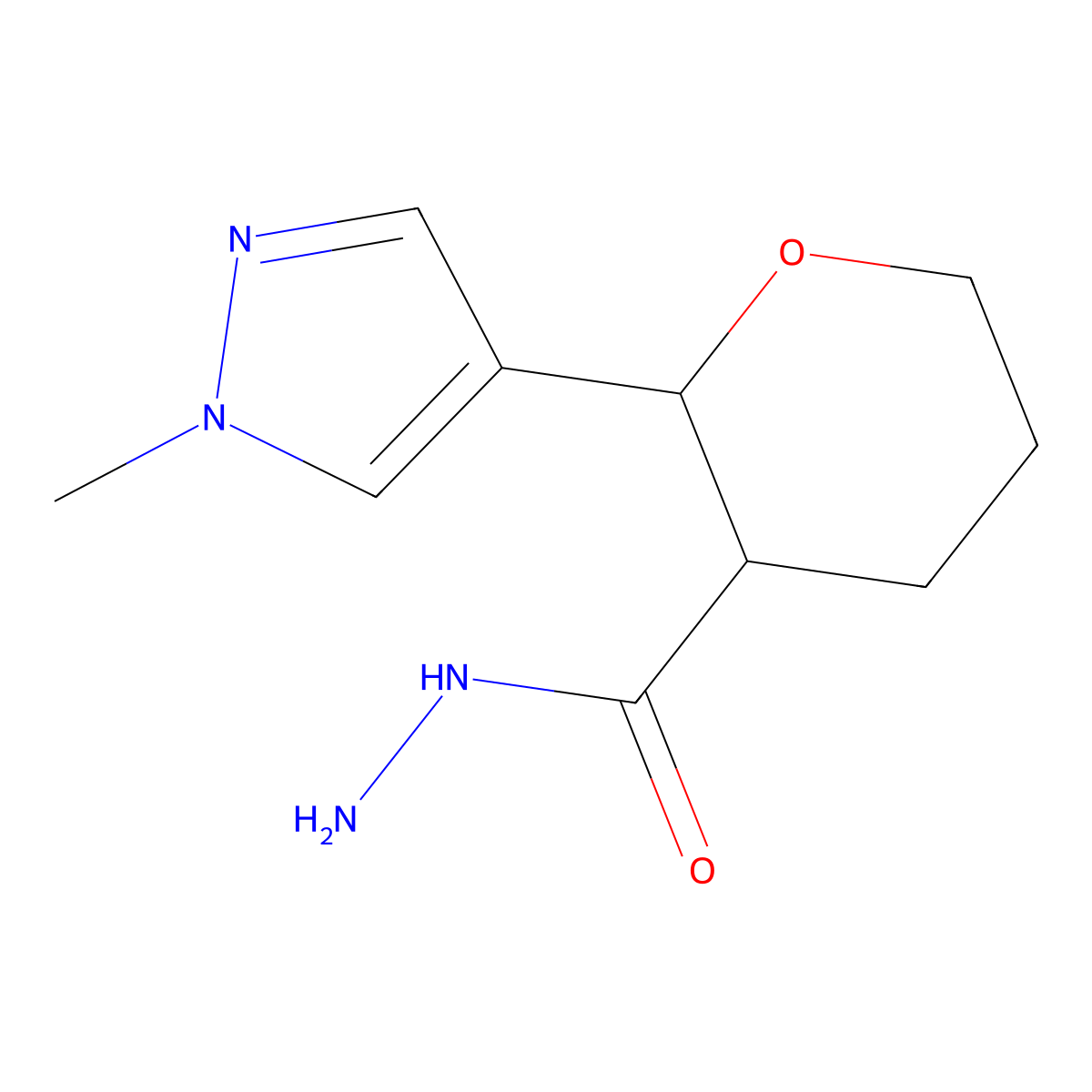 rac-(2R,3R)-2-(1-methyl-1H-pyrazol-4-yl)oxane-3-carbohydrazide, trans molecular structure, CAS 1969288-60-5