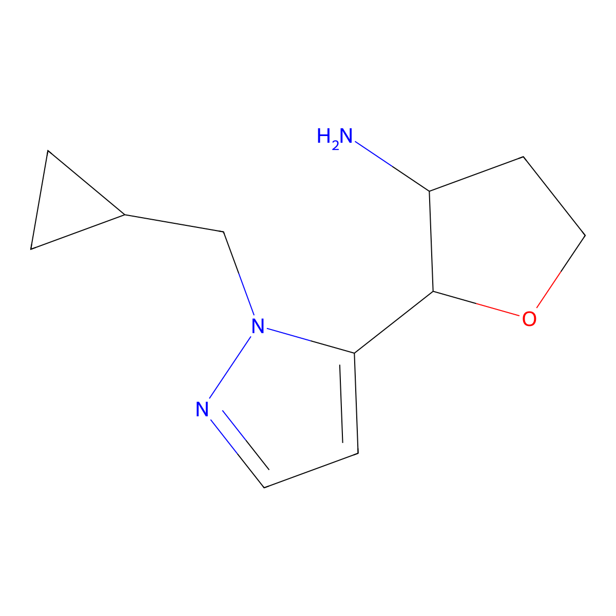 rac-(2R,3R)-2-[1-(cyclopropylmethyl)-1H-pyrazol-5-yl]oxolan-3-amine molecular structure, CAS 1969288-66-1