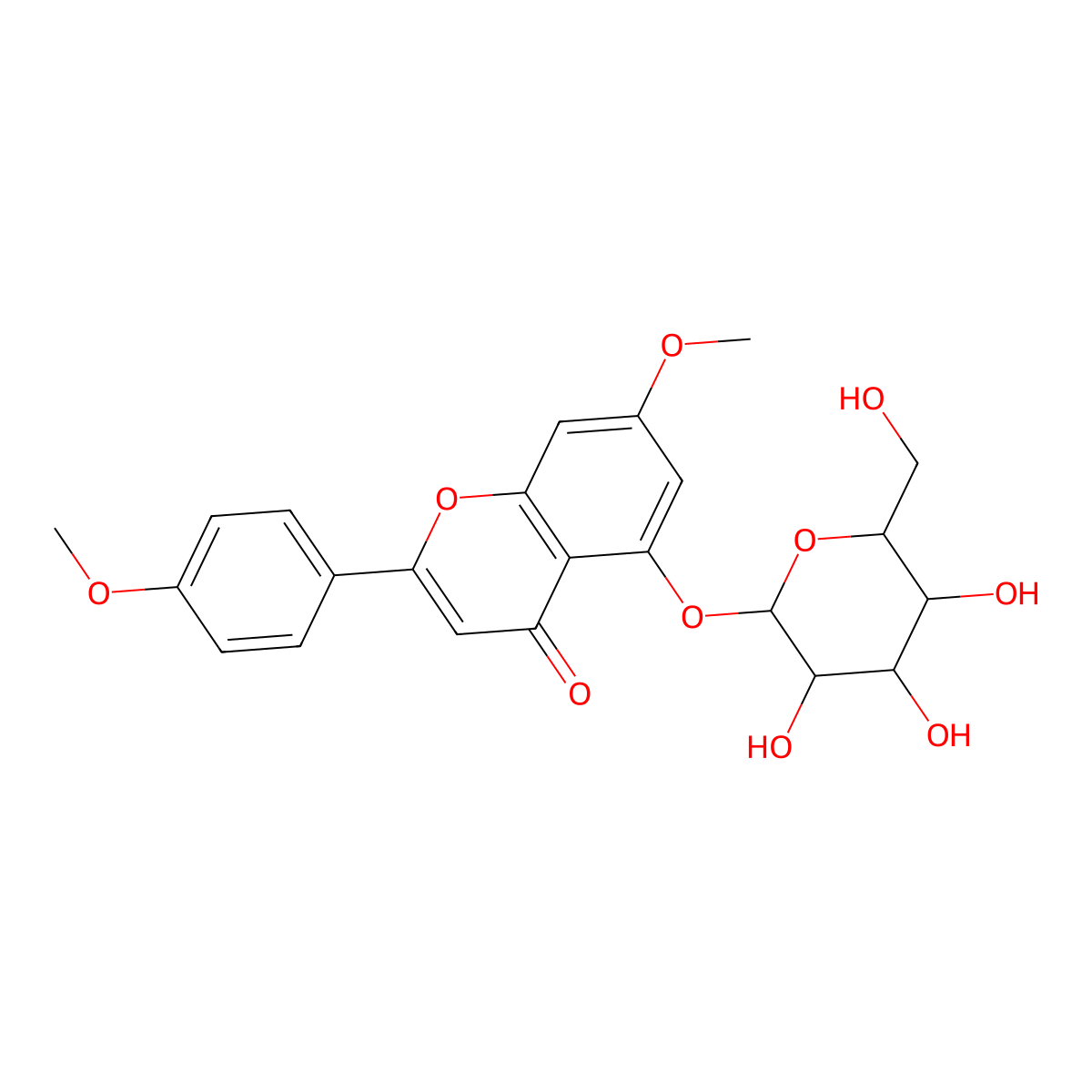 4H-1-Benzopyran-4-one, 5-(beta-D-glucopyranosyloxy)-7-methoxy-2-(4-methoxyphenyl)- molecular structure, CAS 197018-71-6