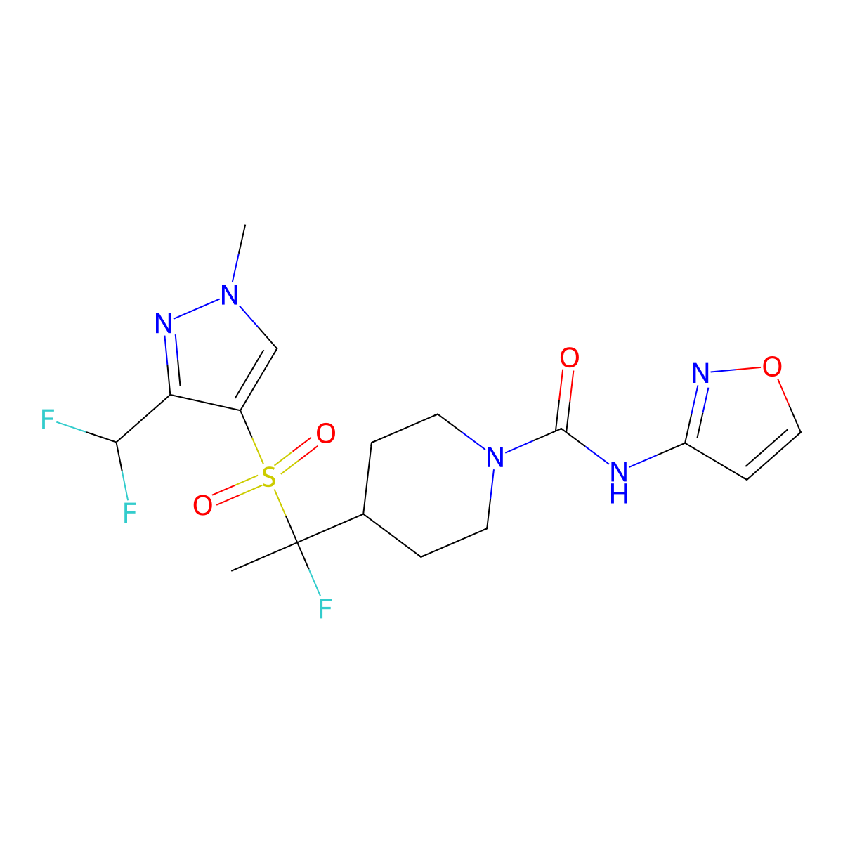 (S)-4-(1-((3-(Difluoromethyl)-1-methyl-1H-pyrazol-4-yl)sulfonyl)-1-fluoroethyl)-N-(isoxazol-3-yl)piperidine-1-carboxamide molecular structure, CAS 1970972-75-8
