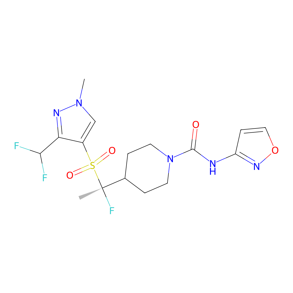 (S)-4-(1-((3-(Difluoromethyl)-1-methyl-1H-pyrazol-4-yl)sulfonyl)-1-fluoroethyl)-N-(isoxazol-3-yl)piperidine-1-carboxamide molecular structure, CAS 1970972-75-8