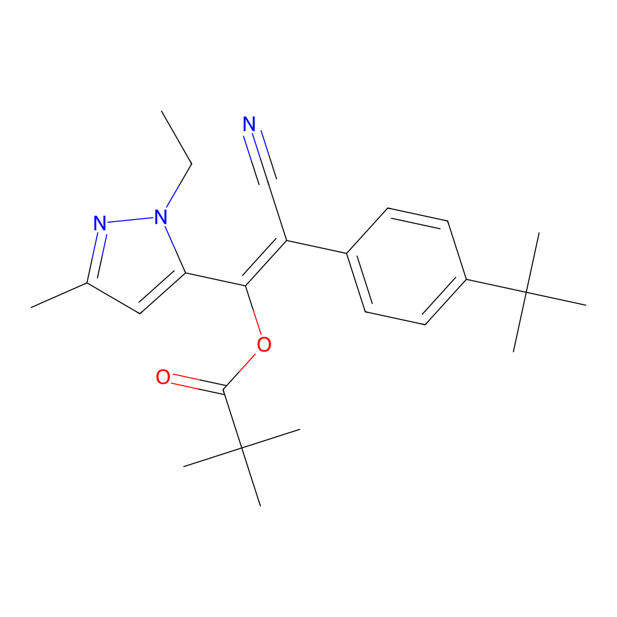 2-(4-(tert-Butyl)phenyl)-2-cyano-1-(1-ethyl-3-methyl-1H-pyrazol-5-yl)vinyl pivalate molecular structure, CAS 1971838-83-1