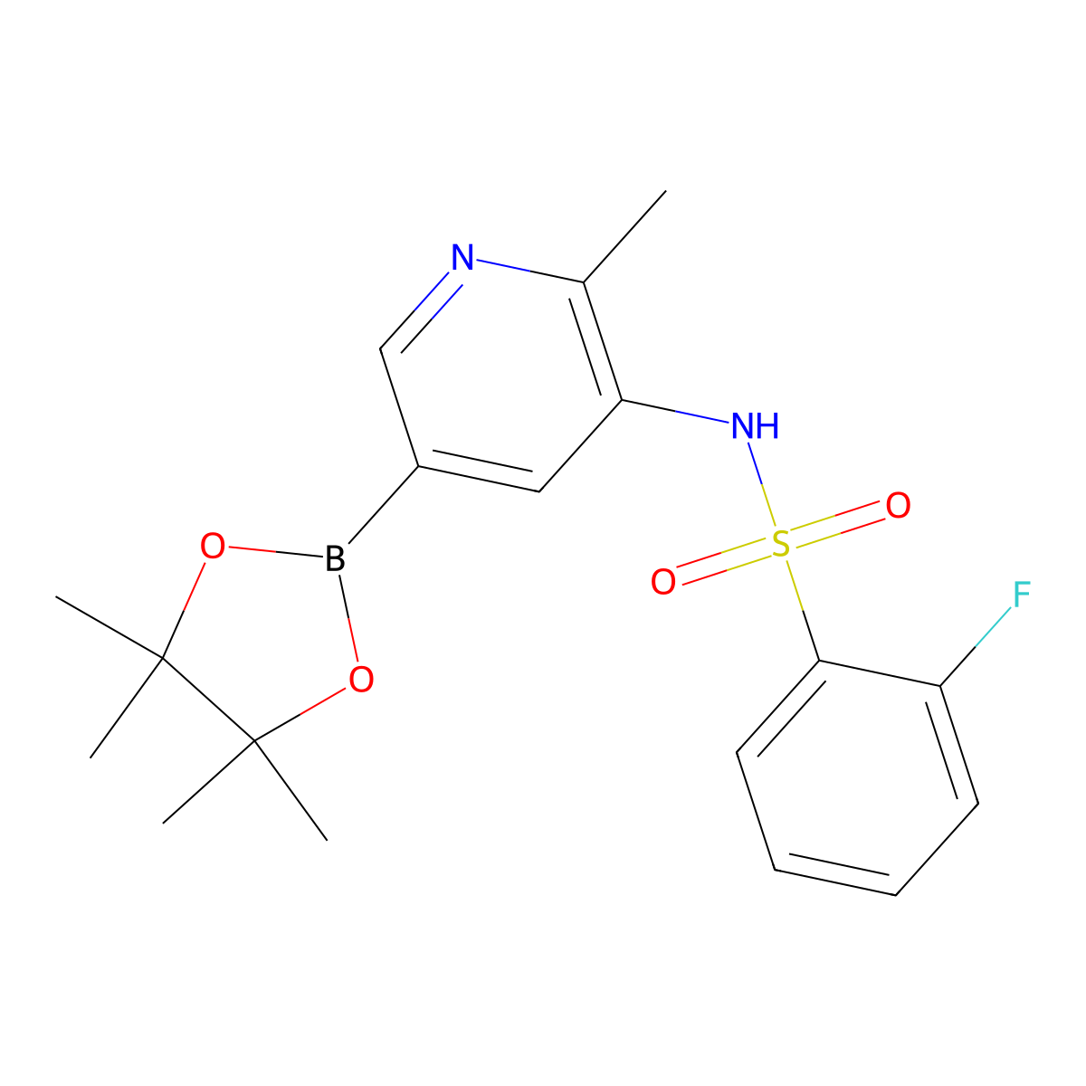 2-fluoro-N-[2-methyl-5-(4,4,5,5-tetramethyl-1,3,2-dioxaborolan-2-yl)pyridin-3-yl]benzene-1-sulfonamide molecular structure, CAS 1972640-24-6