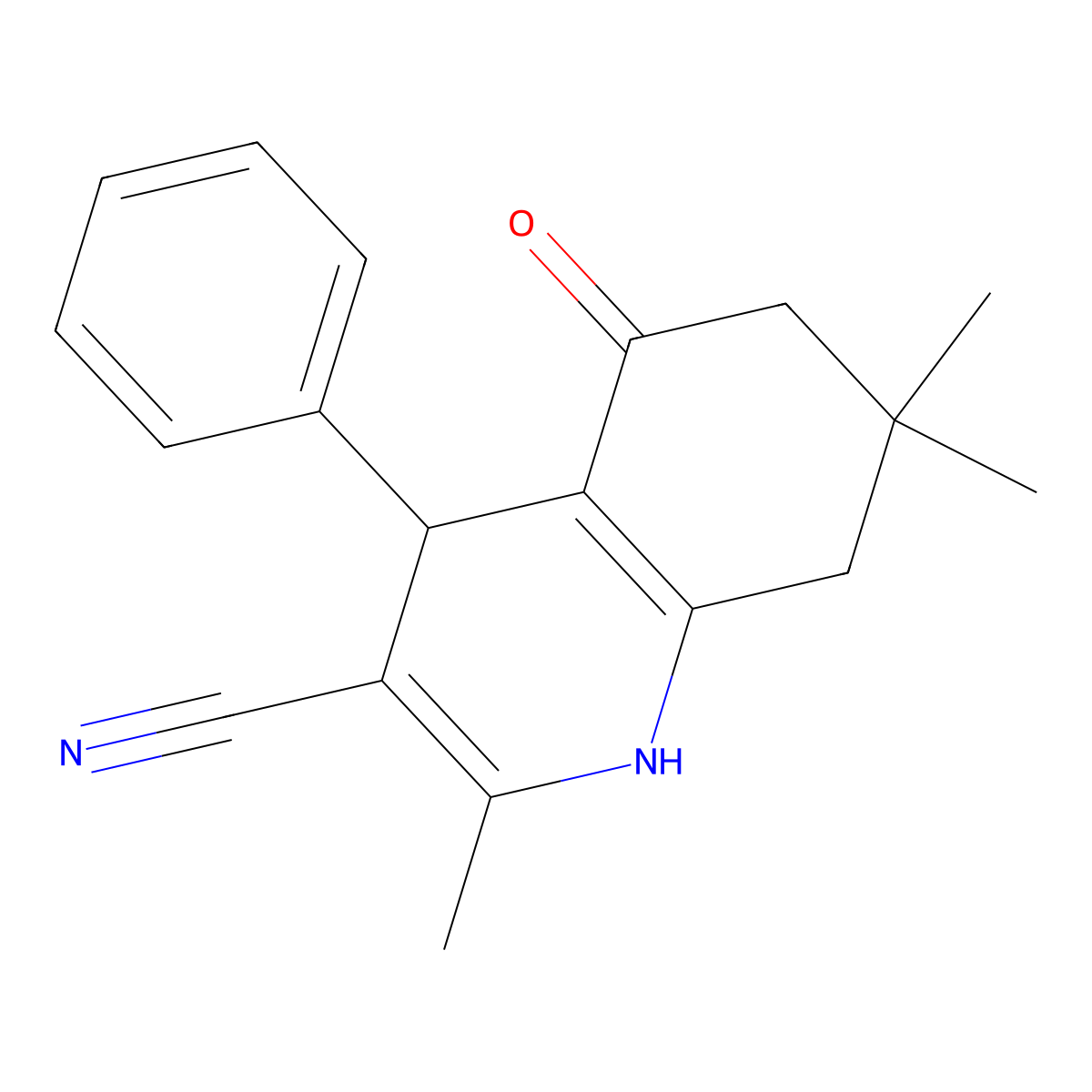 2,7,7-Trimethyl-5-oxo-4-phenyl-1,4,5,6,7,8-hexahydroquinoline-3-carbonitrile molecular structure, CAS 19732-57-1