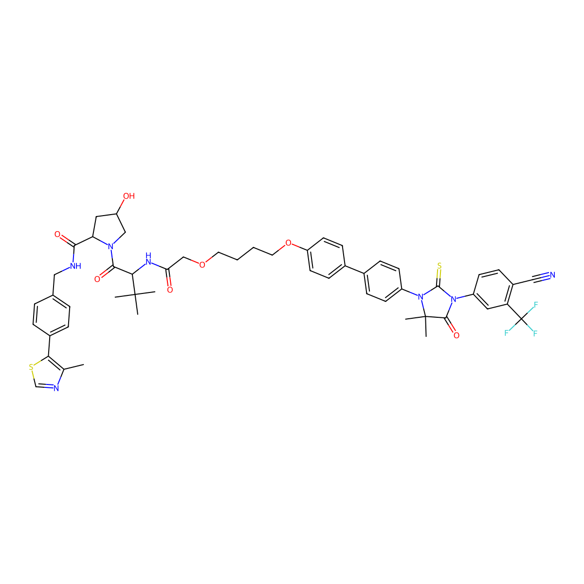 (2S,4R)-1-((S)-2-(2-(4-((4'-(3-(4-Cyano-3-(trifluoromethyl)phenyl)-5,5-dimethyl-4-oxo-2-thioxoimidazolidin-1-yl)-[1,1'-biphenyl]-4-yl)oxy)butoxy)acetamido)-3,3-dimethylbutanoyl)-4-hydroxy-N-(4-(4-methylthiazol-5-yl)benzyl)pyrrolidine-2-carboxamide molecular structure, CAS 1973403-00-7