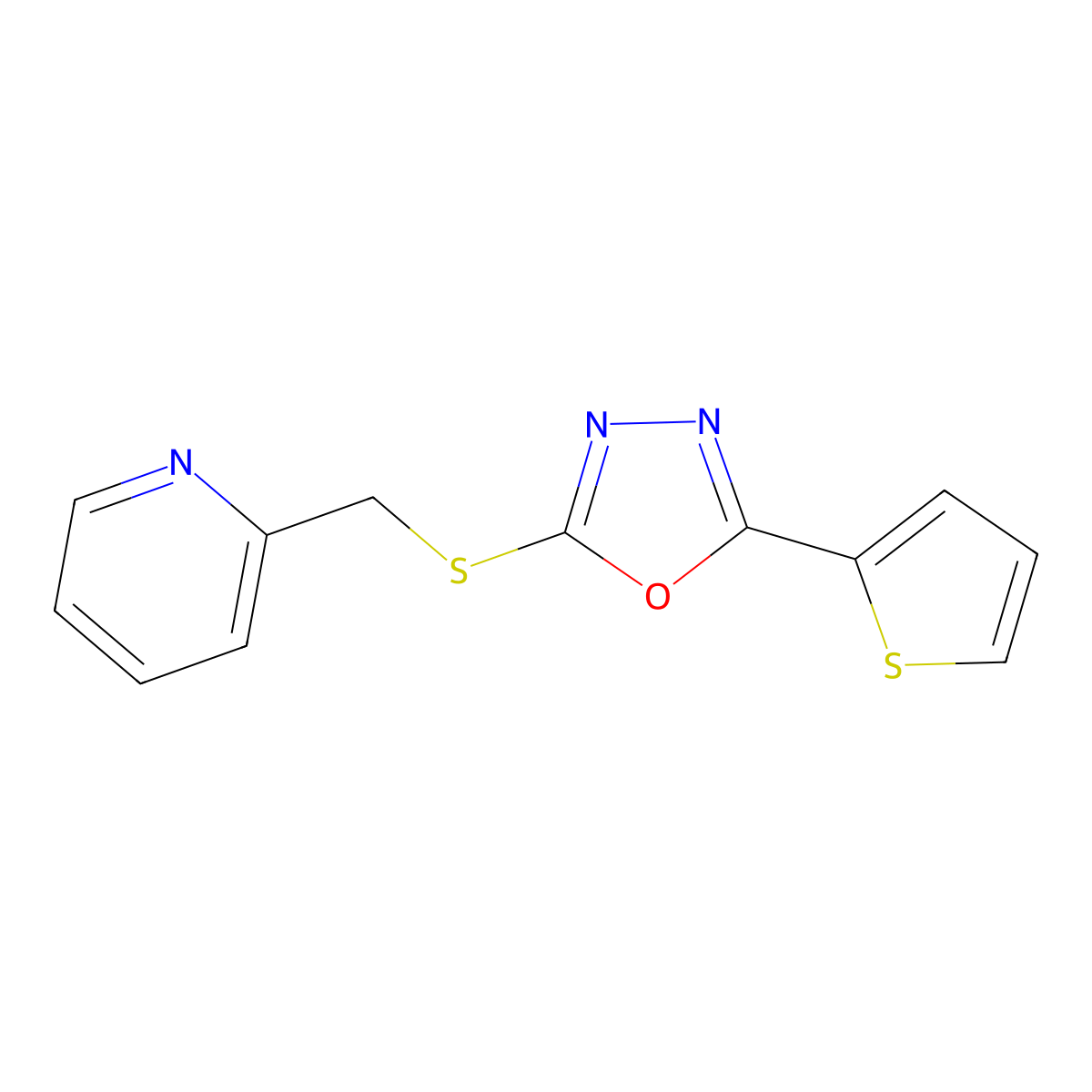 2-((Pyridin-2-ylmethyl)thio)-5-(thiophen-2-yl)-1,3,4-oxadiazole molecular structure, CAS 197371-69-0