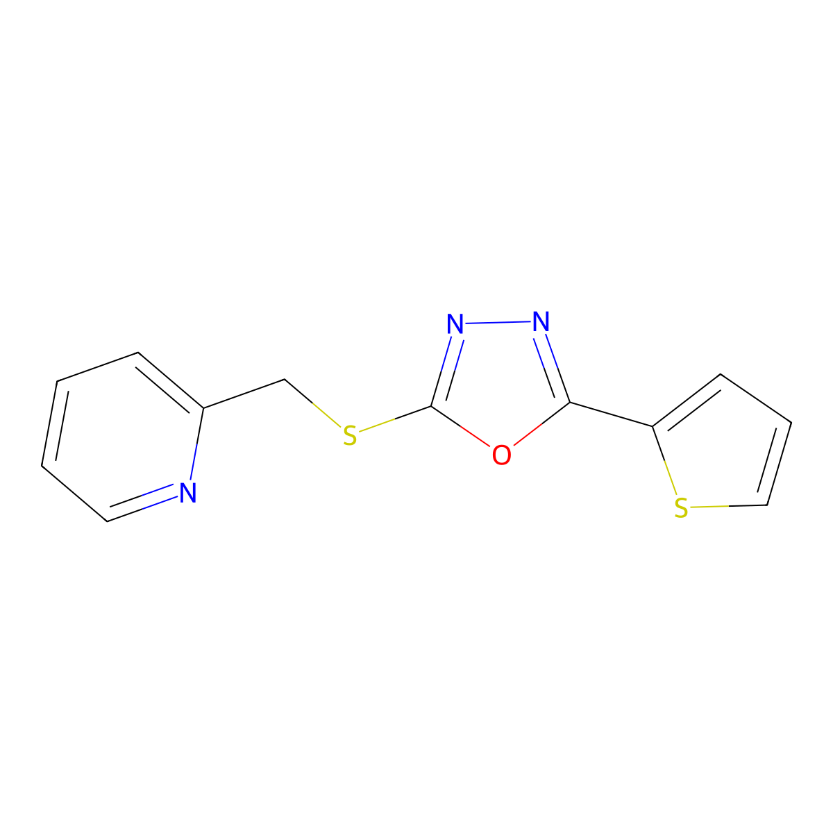 2-((Pyridin-2-ylmethyl)thio)-5-(thiophen-2-yl)-1,3,4-oxadiazole molecular structure, CAS 197371-69-0
