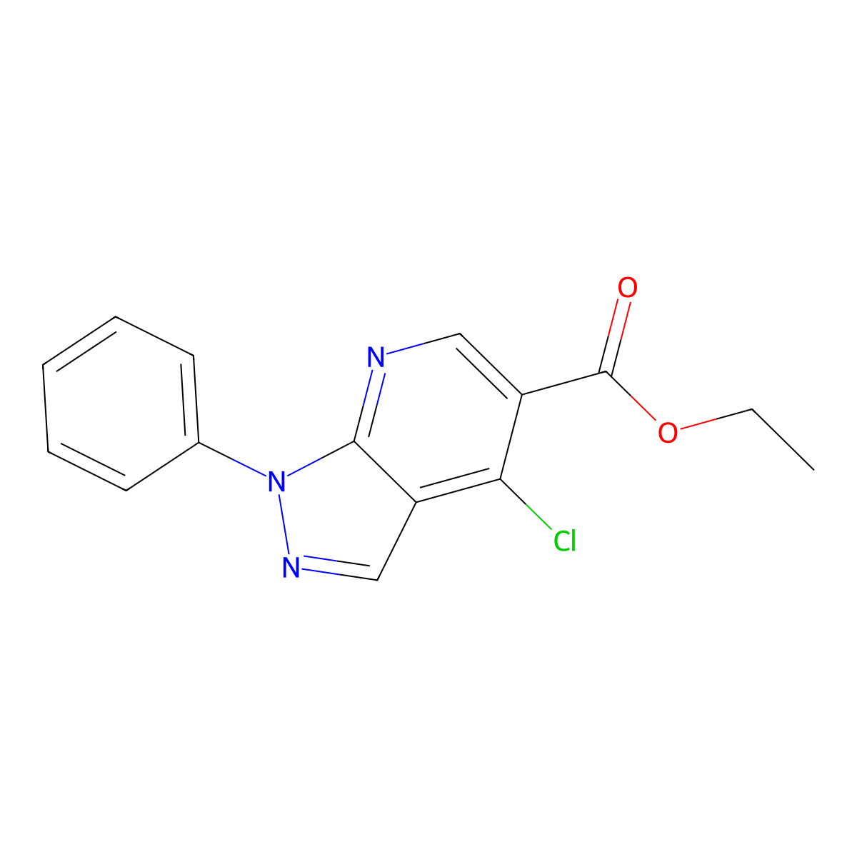 Ethyl 4-chloro-1-phenyl-1H-pyrazolo[3,4-b]pyridine-5-carboxylate molecular structure, CAS 19743-76-1