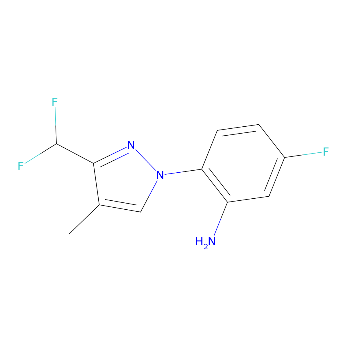 2-[3-(Difluoromethyl)-4-methyl-1H-pyrazol-1-yl]-5-fluoroaniline molecular structure, CAS 1975117-86-2