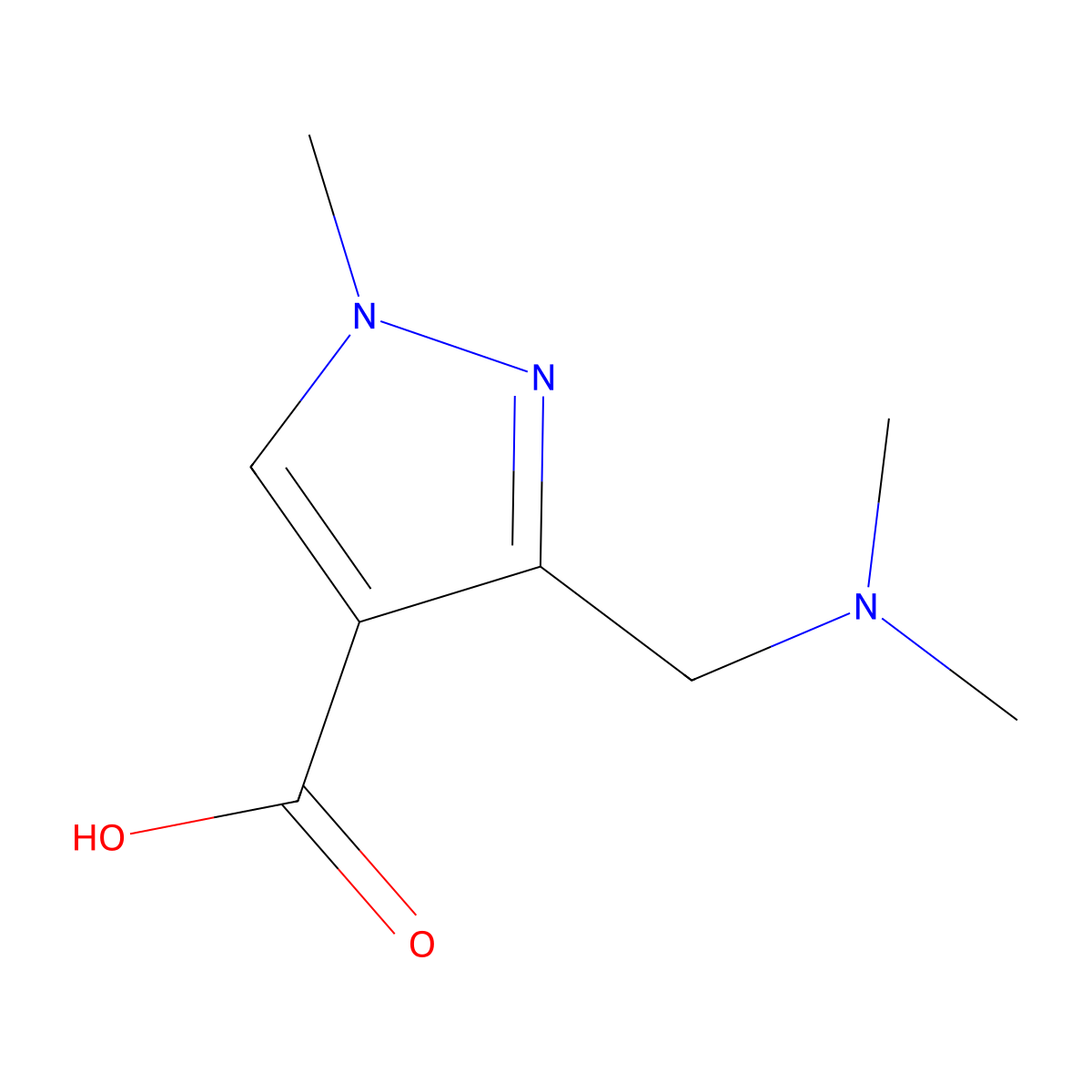 3-[(dimethylamino)methyl]-1-methyl-1H-pyrazole-4-carboxylic acid molecular structure, CAS 1975118-30-9