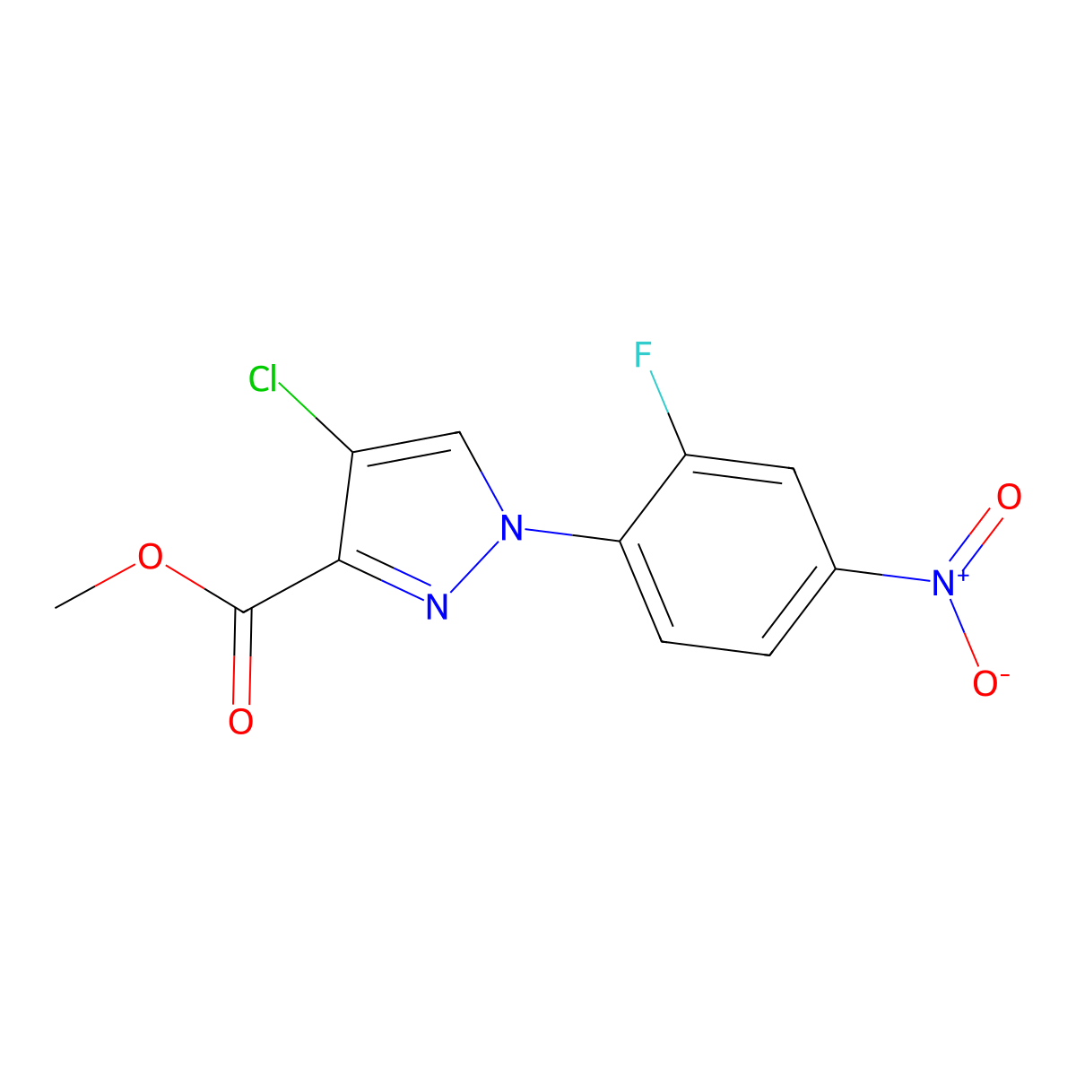 Methyl 4-chloro-1-(2-fluoro-4-nitrophenyl)-1H-pyrazole-3-carboxylate molecular structure, CAS 1975119-06-2