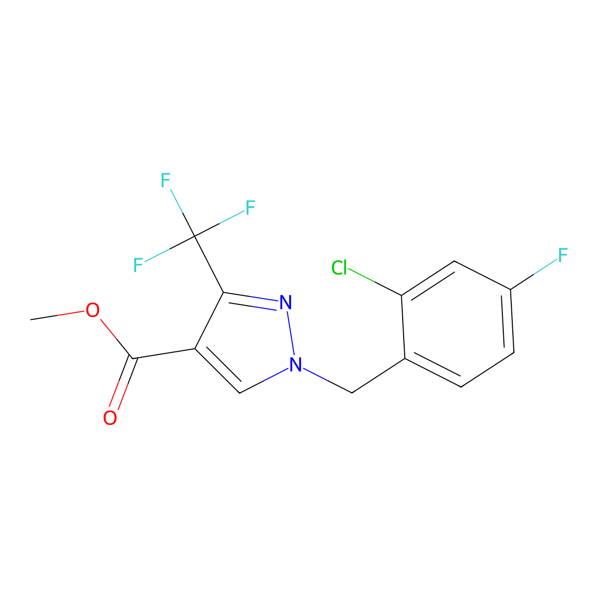 Methyl 1-(2-chloro-4-fluorobenzyl)-3-(trifluoromethyl)-1H-pyrazole-4-carboxylate molecular structure, CAS 1975119-07-3