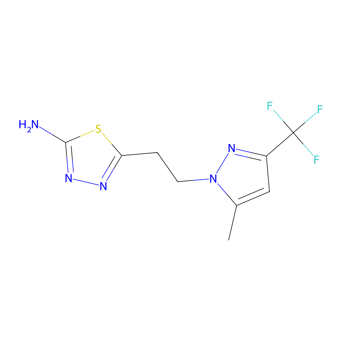 5-{2-[5-Methyl-3-(trifluoromethyl)-1H-pyrazol-1-yl]ethyl}-1,3,4-thiadiazol-2-amine molecular structure, CAS 1975119-11-9