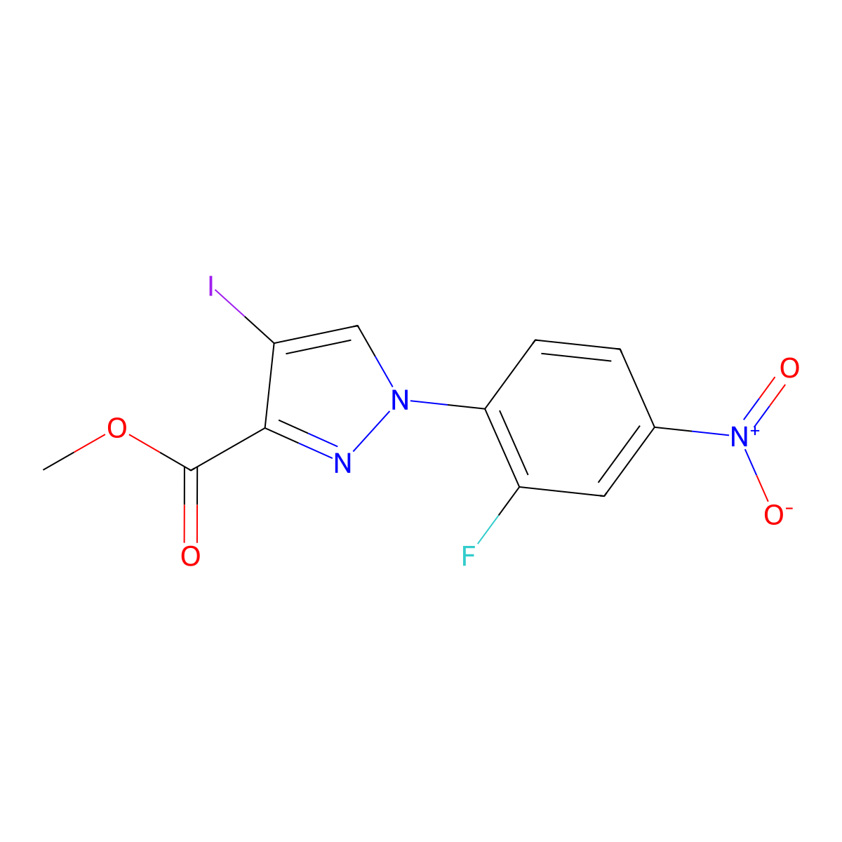 Methyl 1-(2-fluoro-4-nitrophenyl)-4-iodo-1H-pyrazole-3-carboxylate molecular structure, CAS 1975119-29-9