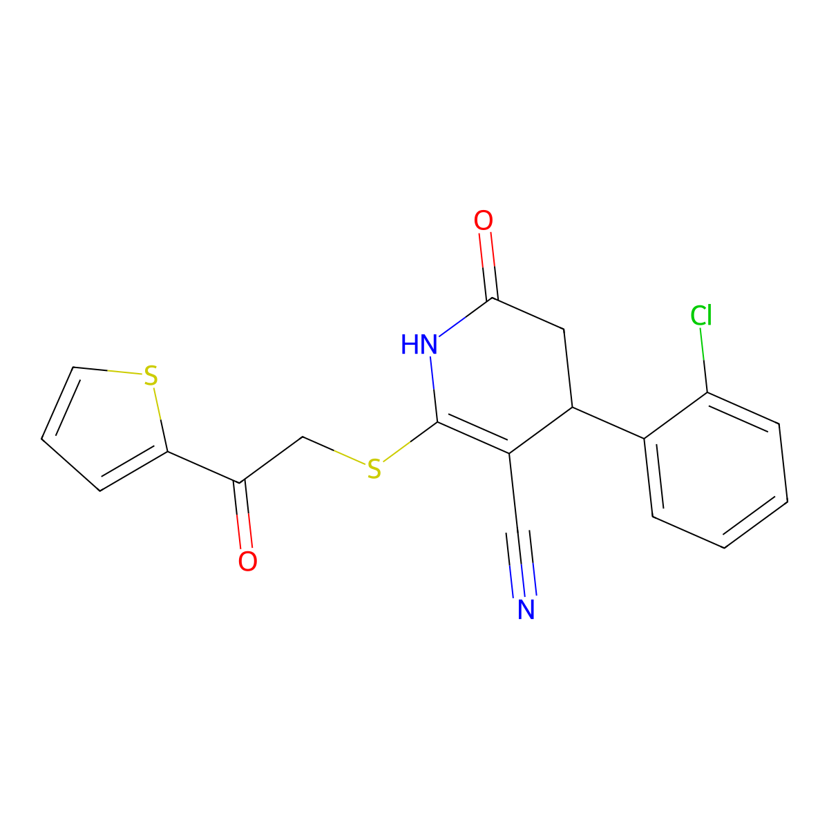4-(2-chlorophenyl)-2-oxo-6-(2-oxo-2-thiophen-2-ylethyl)sulfanyl-3,4-dihydro-1H-pyridine-5-carbonitrile molecular structure, CAS 197570-08-4