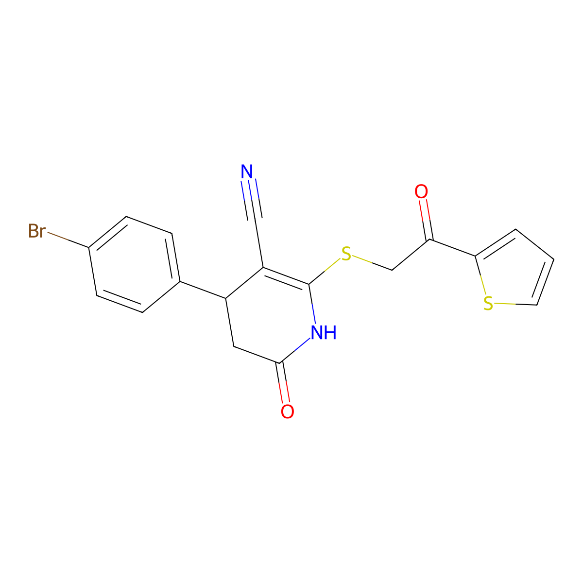 4-(4-bromophenyl)-2-oxo-6-(2-oxo-2-thiophen-2-ylethyl)sulfanyl-3,4-dihydro-1H-pyridine-5-carbonitrile molecular structure, CAS 197570-09-5
