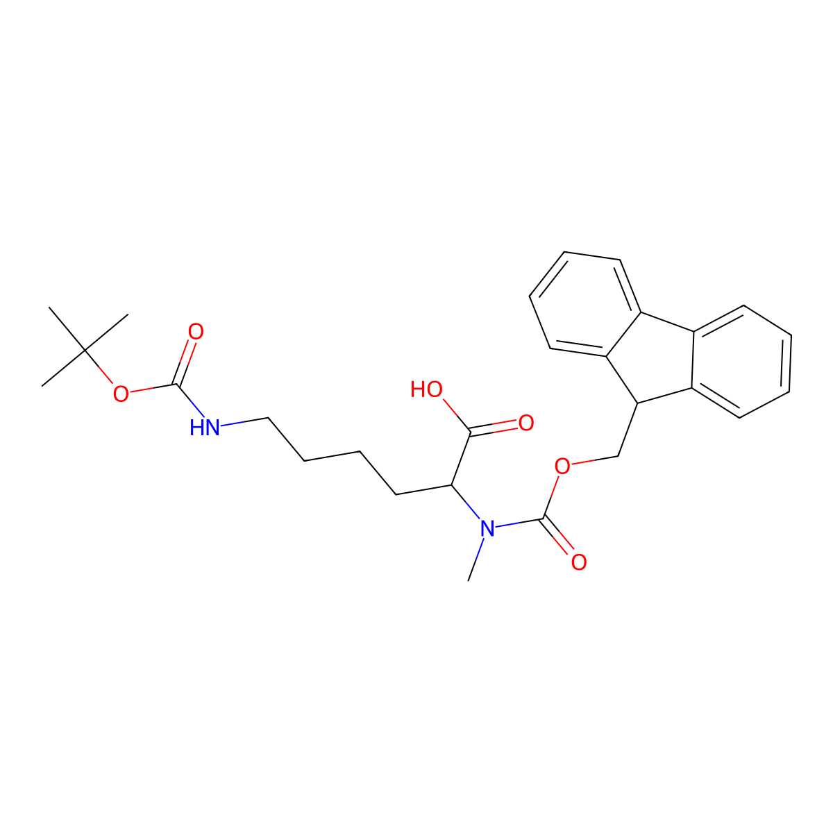(S)-2-((((9H-Fluoren-9-yl)methoxy)carbonyl)(methyl)amino)-6-((tert-butoxycarbonyl)amino)hexanoic acid molecular structure, CAS 197632-76-1