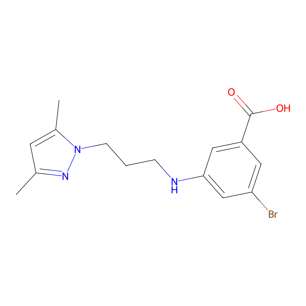 3-Bromo-5-((3-(3,5-dimethyl-1H-pyrazol-1-YL)propyl)amino)benzoic acid molecular structure, CAS 1976797-27-9