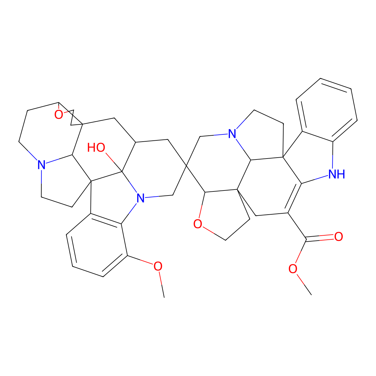 Methyl (2S,2aS,3'aR,4'aR,5aR,12bR,12'bR,12'cR,15aR,15'aS,17'aS)-2',3',4,4'a,5,6,8,12'c,13,13',14,14',17',17'a-tetradecahydro-12'c-hydroxy-9'-methoxyspiro(1H,15aH-furo(2',3':7,8)indolizino(8,1-cd)carbazole-2(2aH),6'(7'H)-(4H,5H,15aH,16H)furo(2',3':7,8)indolizino(8,1-cd)pyrido(1,2,3-lm)carbazole)-7-carboxylate molecular structure, CAS 19772-79-3