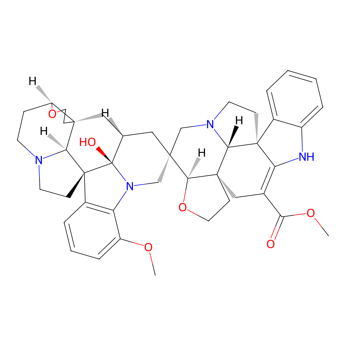 Methyl (2S,2aS,3'aR,4'aR,5aR,12bR,12'bR,12'cR,15aR,15'aS,17'aS)-2',3',4,4'a,5,6,8,12'c,13,13',14,14',17',17'a-tetradecahydro-12'c-hydroxy-9'-methoxyspiro(1H,15aH-furo(2',3':7,8)indolizino(8,1-cd)carbazole-2(2aH),6'(7'H)-(4H,5H,15aH,16H)furo(2',3':7,8)indolizino(8,1-cd)pyrido(1,2,3-lm)carbazole)-7-carboxylate molecular structure, CAS 19772-79-3