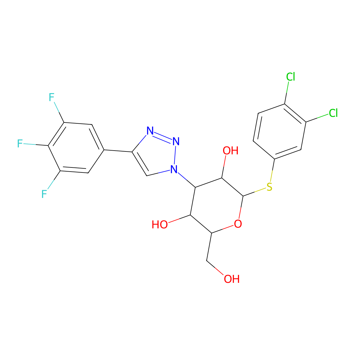 (2R,3R,4S,5R,6R)-2-(3,4-dichlorophenyl)sulfanyl-6-(hydroxymethyl)-4-[4-(3,4,5-trifluorophenyl)triazol-1-yl]oxane-3,5-diol molecular structure, CAS 1978336-61-6