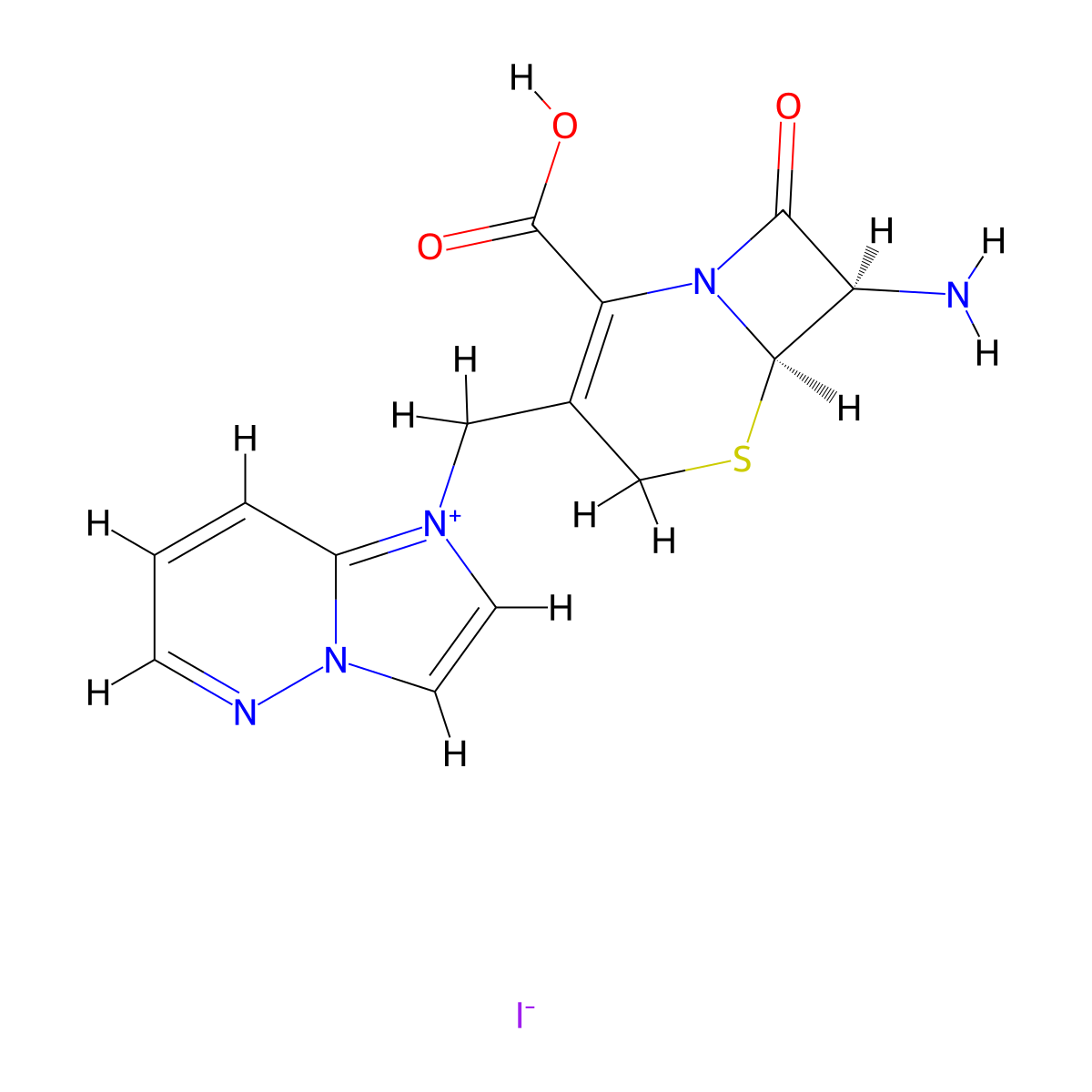 Imidazo[1,2-b]pyridazinium, 1-[[(6R,7R)-7-amino-2-carboxy-8-oxo-5-thia-1-azabicyclo[4.2.0]oct-2-en-3-yl]methyl]-, iodide (1:1) molecular structure, CAS 197897-11-3