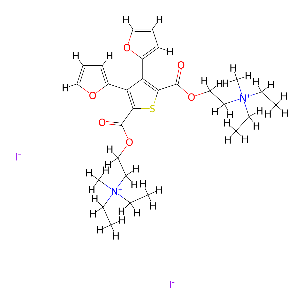 Ammonium, diethyl(2-hydroxyethyl)methyl-, iodide, 3,4-di-2-furyl-2,5-thiophenedicarboxylate(2:1) molecular structure, CAS 19799-21-4
