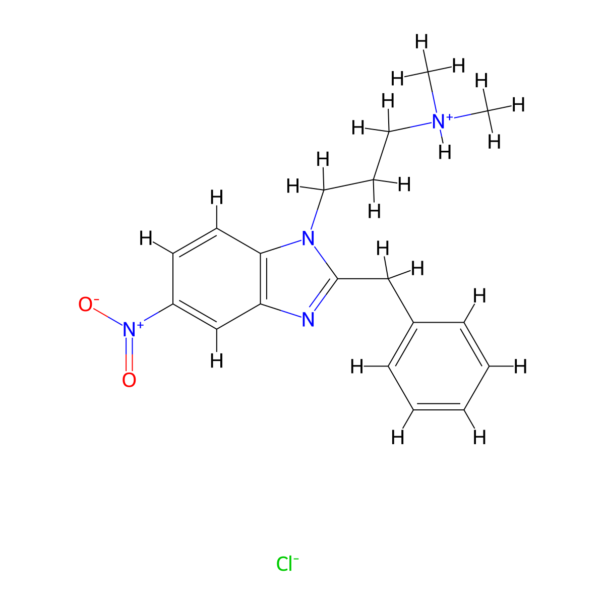 3-(2-Benzyl-5-nitro-1H-benzimidazol-1-yl)-N,N-dimethylpropan-1-amine--hydrogen chloride (1/1) molecular structure, CAS 19809-18-8