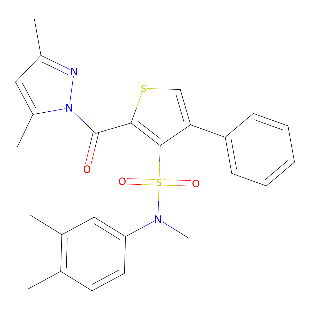 N-(3,4-dimethylphenyl)-2-[(3,5-dimethyl-1H-pyrazol-1-yl)carbonyl]-N-methyl-4-phenylthiophene-3-sulfonamide molecular structure, CAS 1982158-69-9