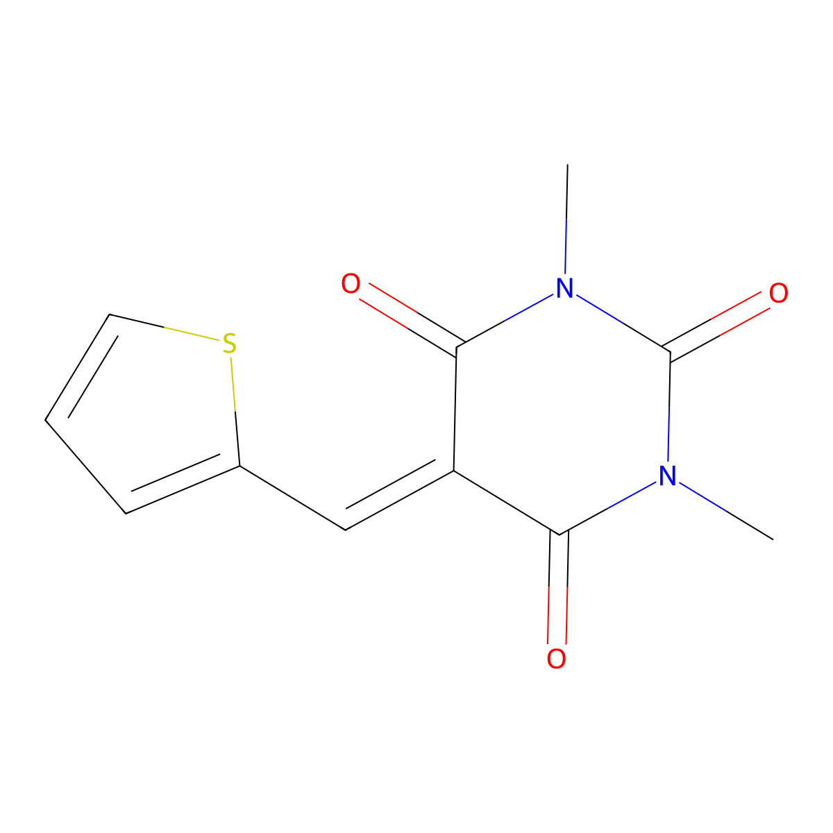 1,3-dimethyl-5-(thiophen-2-ylmethylene)pyrimidine-2,4,6(1H,3H,5H)-trione molecular structure, CAS 198276-19-6