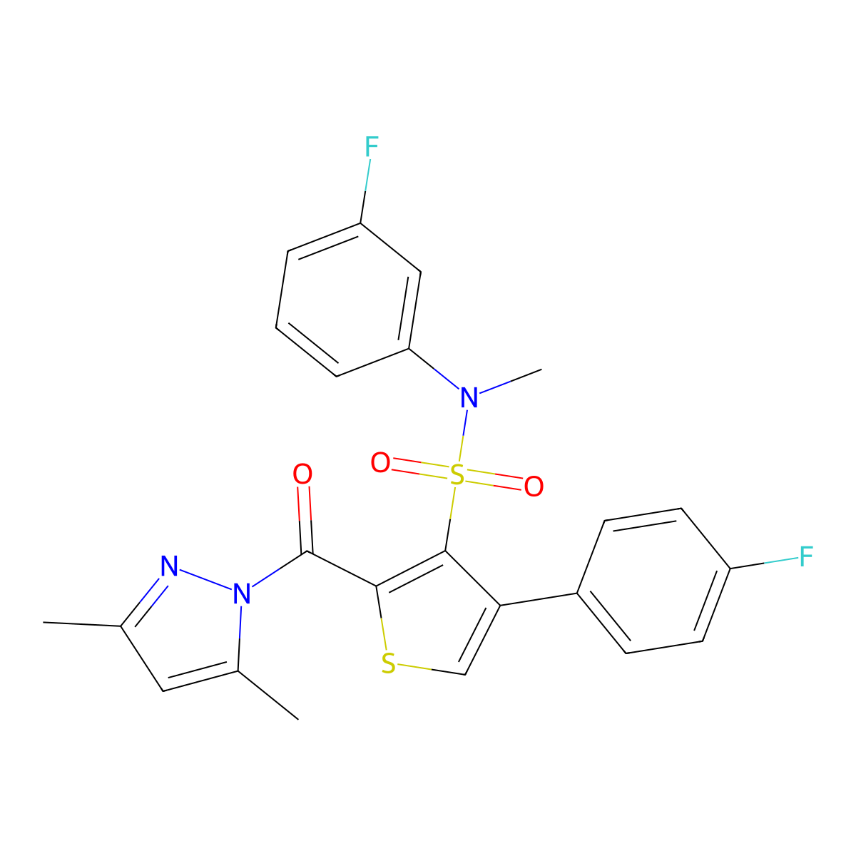 2-(3,5-dimethyl-1H-pyrazole-1-carbonyl)-N-(3-fluorophenyl)-4-(4-fluorophenyl)-N-methylthiophene-3-sulfonamide molecular structure, CAS 1982951-01-8