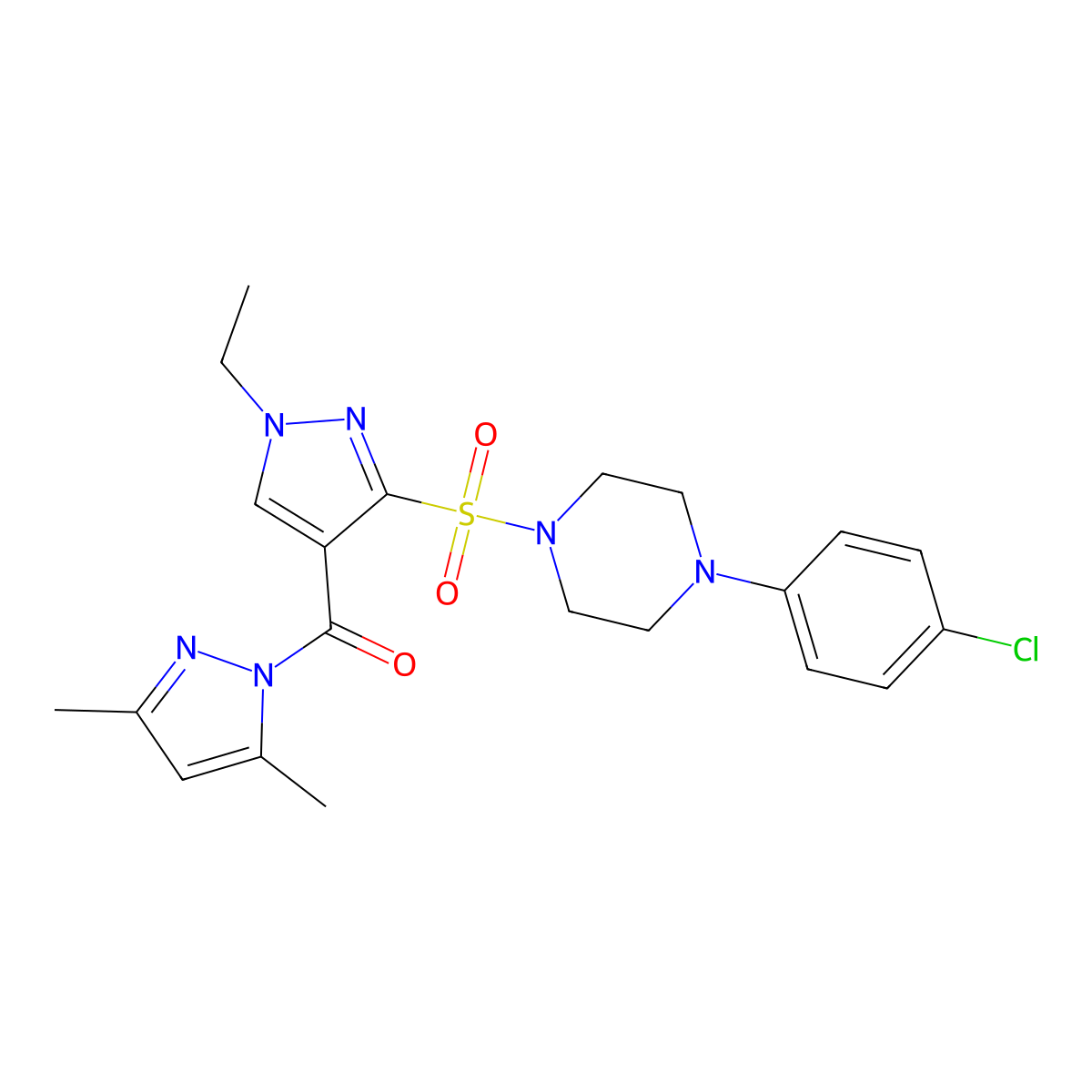 1-(4-chlorophenyl)-4-({4-[(3,5-dimethyl-1H-pyrazol-1-yl)carbonyl]-1-ethyl-1H-pyrazol-3-yl}sulfonyl)piperazine molecular structure, CAS 1982951-08-5