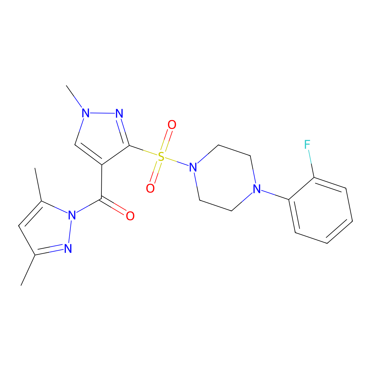 1-({4-[(3,5-dimethyl-1H-pyrazol-1-yl)carbonyl]-1-methyl-1H-pyrazol-3-yl}sulfonyl)-4-(2-fluorophenyl)piperazine molecular structure, CAS 1984056-25-8