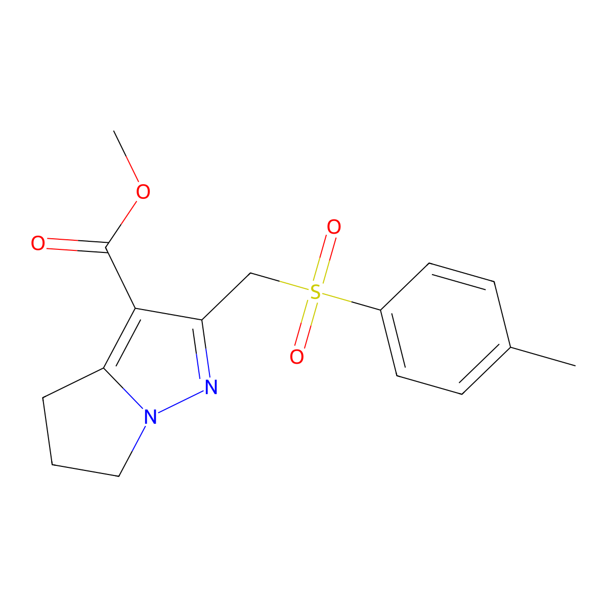 methyl 2-{[(4-methylphenyl)sulfonyl]methyl}-5,6-dihydro-4H-pyrrolo[1,2-b]pyrazole-3-carboxylate molecular structure, CAS 1984167-22-7