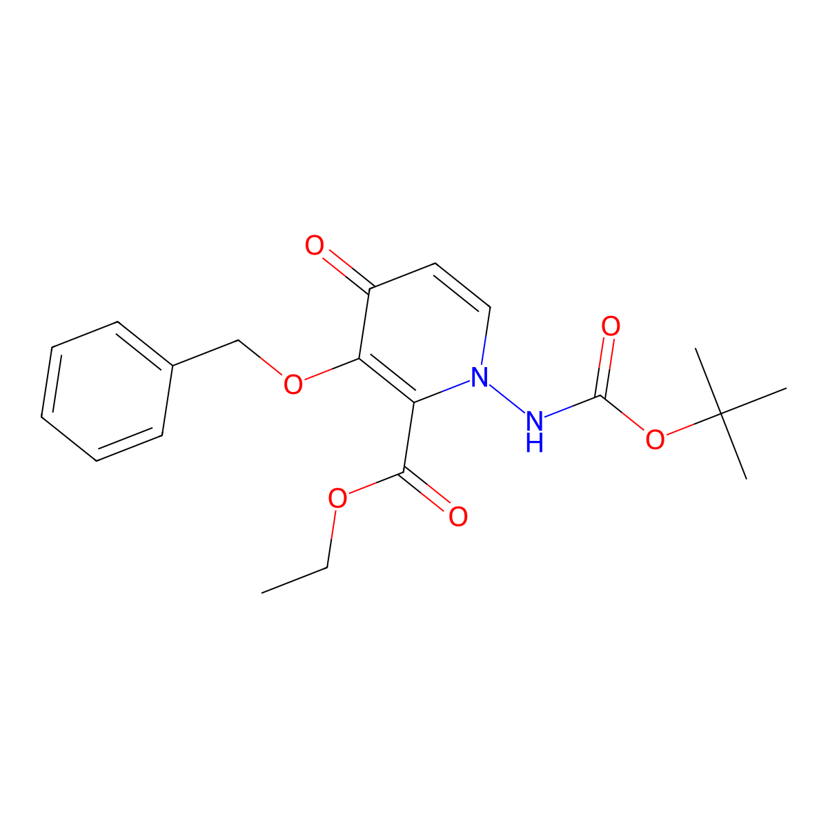 Ethyl 3-(benzyloxy)-1-((tert-butoxycarbonyl)amino)-4-oxo-1,4-dihydropyridine-2-carboxylate molecular structure, CAS 1985607-65-5