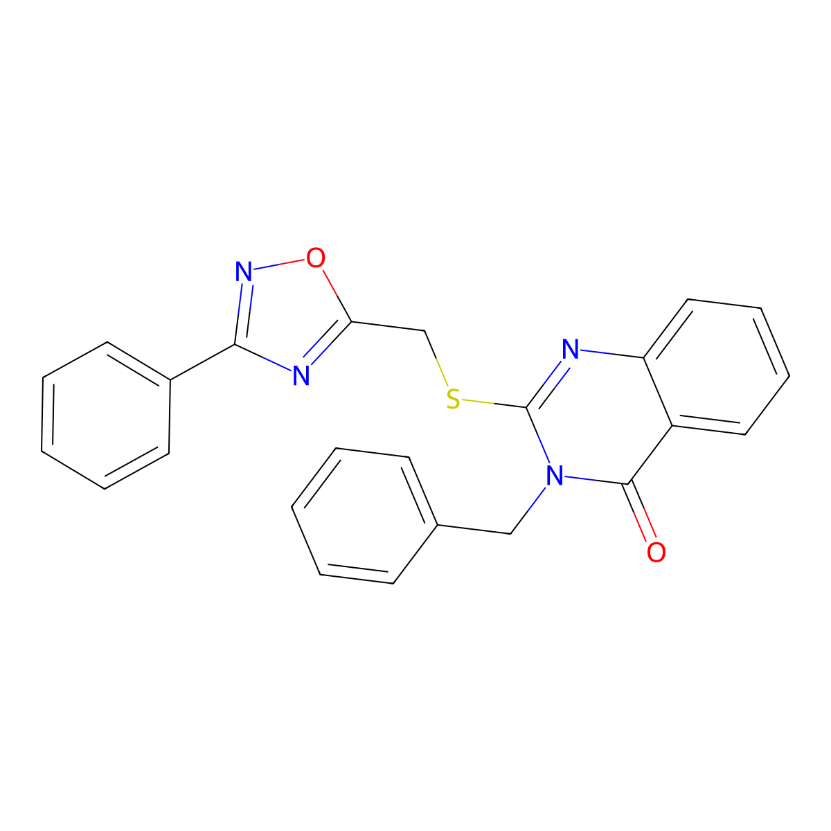 3-benzyl-2-(((3-phenyl-1,2,4-oxadiazol-5-yl)methyl)thio)quinazolin-4(3H)-one molecular structure, CAS 1986242-21-0